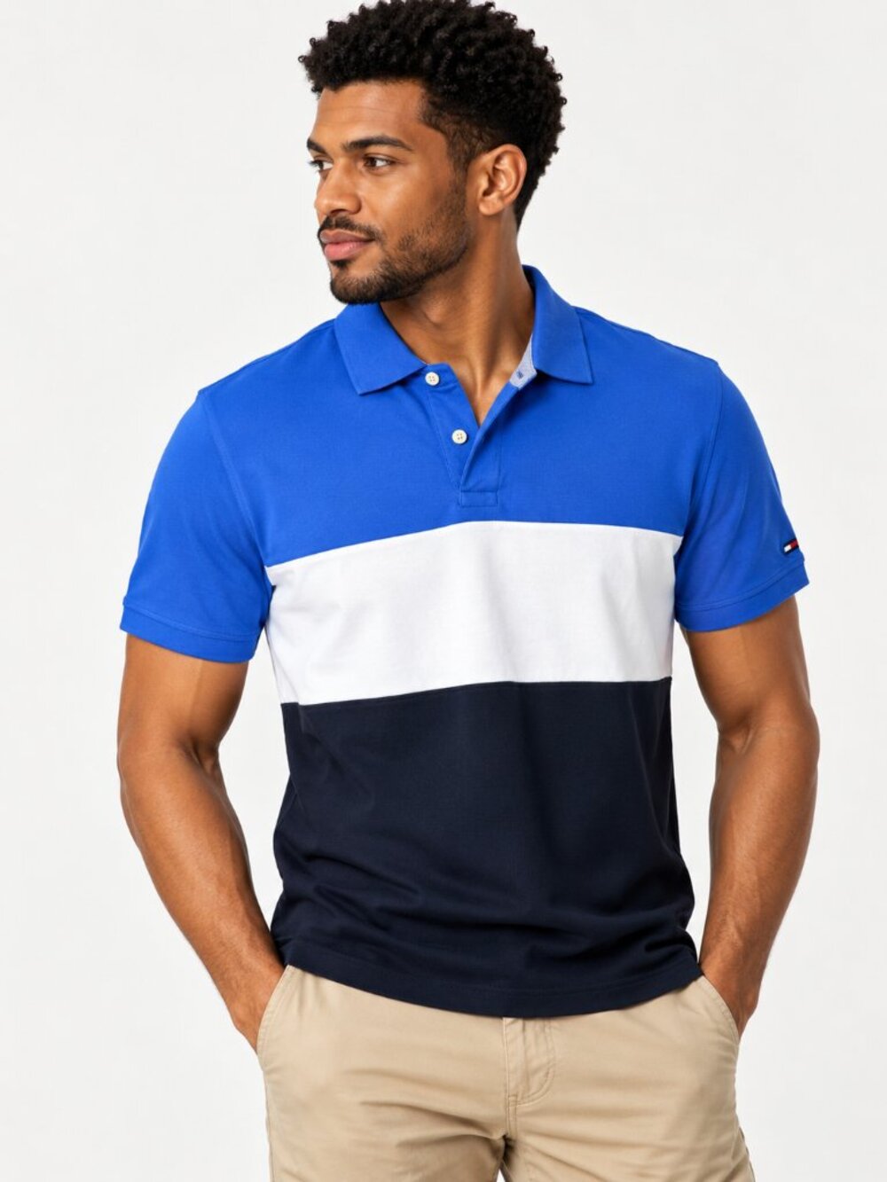 Tommy Hilfiger Men’s Colorblock Polo Shirt Blue White Navy Size M